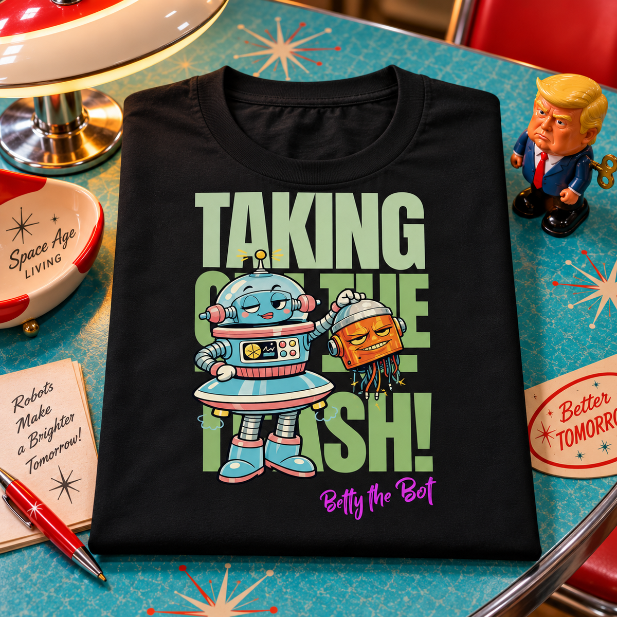 WeirdCreepyDesigns Betty the Bot Taking Out the Trash Graphic T-Shirt – Unisex