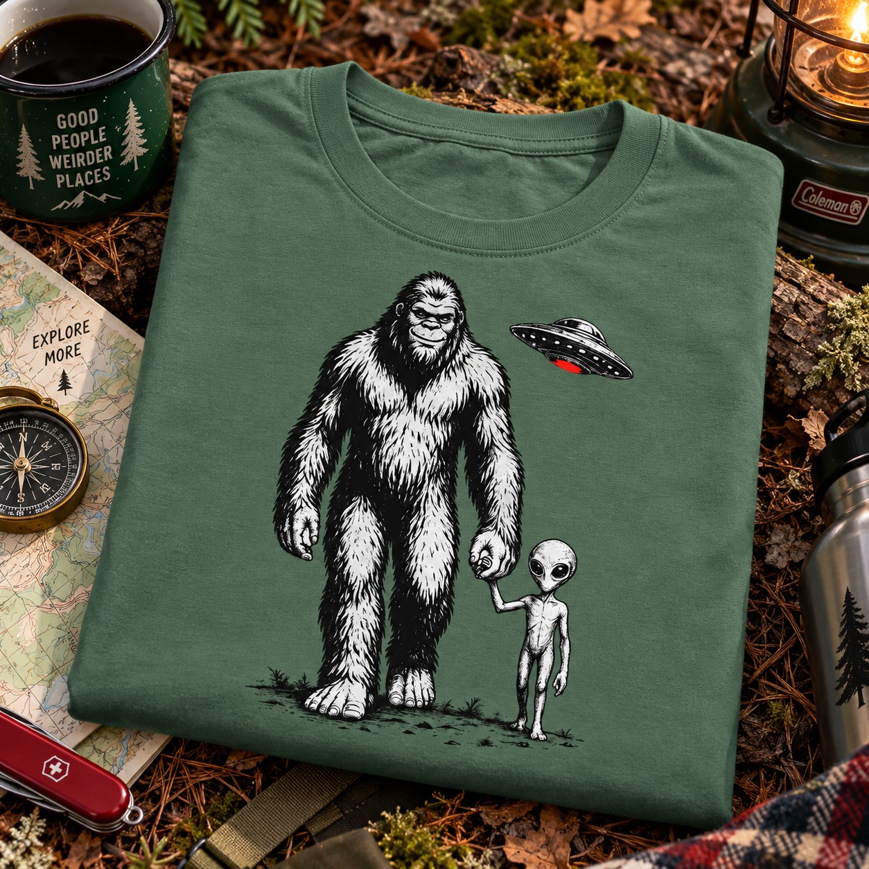 WeirdCreepyDesigns Sasquatch Strolls with a Gray Graphic T-Shirt – Unisex