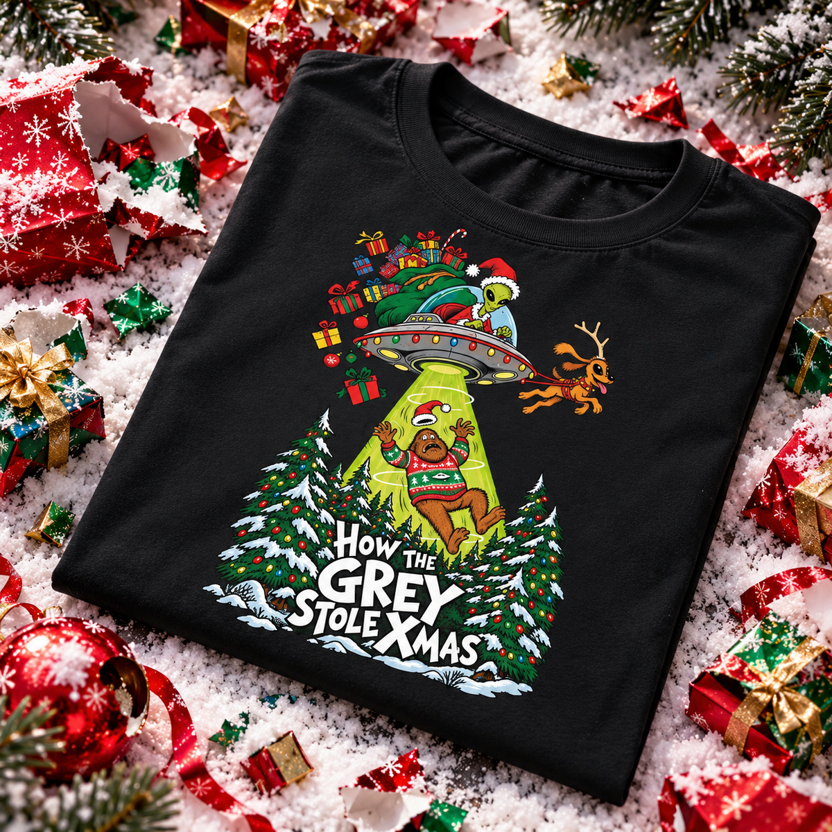 WeirdCreepyDesigns How the Grey Stole Xmas Abduction Graphic T-Shirt – Unisex